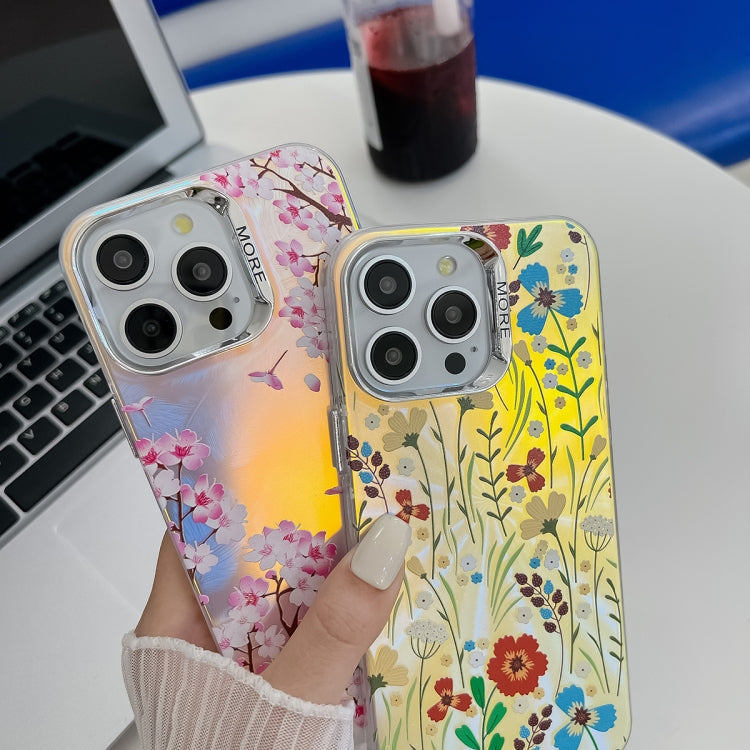 For iPhone 16 Electroplating Laser Flower Texture TPU Phone Case(Leaves AH12) - iPhone 16 Cases by buy2fix | Online Shopping UK | buy2fix