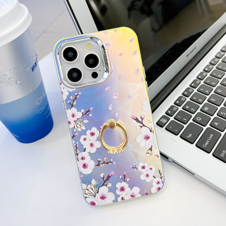 For iPhone 16 Pro Max Electroplating Laser Flower Ring Holder TPU Phone Case(Plum Blossom AH18) - iPhone 16 Pro Max Cases by buy2fix | Online Shopping UK | buy2fix