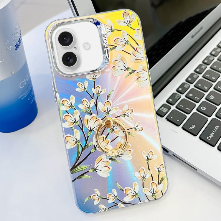 For iPhone 16 Electroplating Laser Flower Ring Holder TPU Phone Case(Pear Blossom AH17) - iPhone 16 Cases by buy2fix | Online Shopping UK | buy2fix