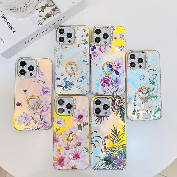 For iPhone 16 Pro Max Electroplating Laser Flower Ring Holder TPU Phone Case(Plum Blossom AH18) - iPhone 16 Pro Max Cases by buy2fix | Online Shopping UK | buy2fix