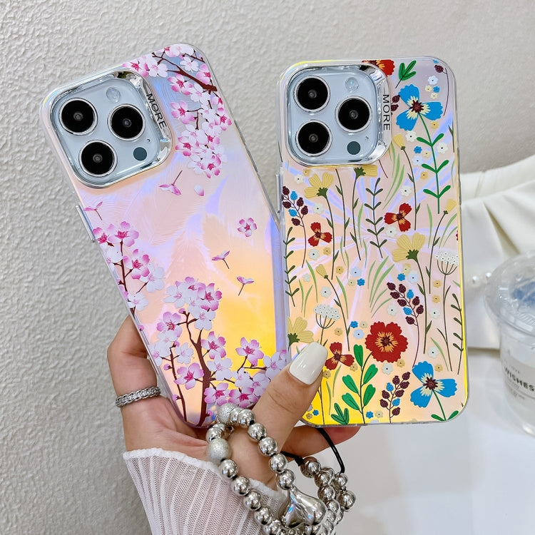 For iPhone 16 Electroplating Laser Flower Phone Case with Wrist Strap(Myosotis AH2) - iPhone 16 Cases by buy2fix | Online Shopping UK | buy2fix