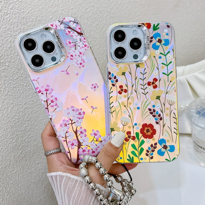 For iPhone 16 Plus Electroplating Laser Flower Phone Case with Wrist Strap(Drawn Flowers AH3) - iPhone 16 Plus Cases by buy2fix | Online Shopping UK | buy2fix