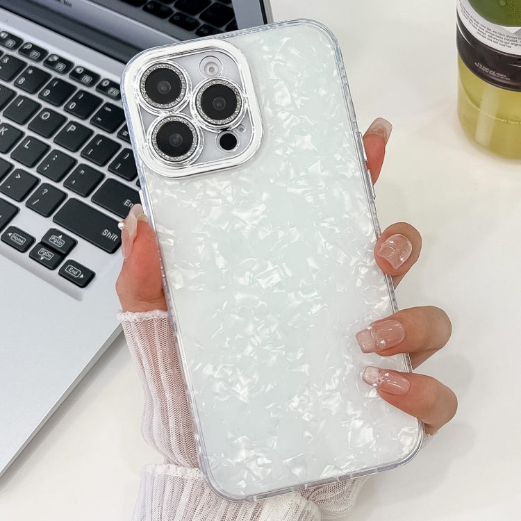 For iPhone 16 Plus Plating Glitter Texture TPU Phone Case with Lens Film(White Shell Grain) - iPhone 16 Plus Cases by buy2fix | Online Shopping UK | buy2fix