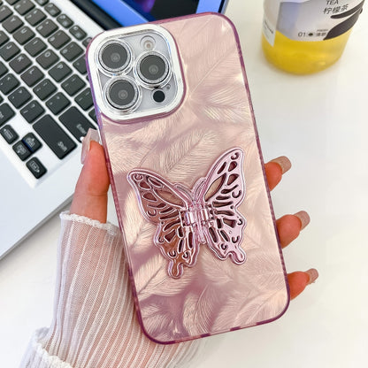 For iPhone 16 Pro Max Plating Glitter Texture Butterfly Holder TPU Phone Case with Lens Film(Pink Feathers) - iPhone 16 Pro Max Cases by buy2fix | Online Shopping UK | buy2fix