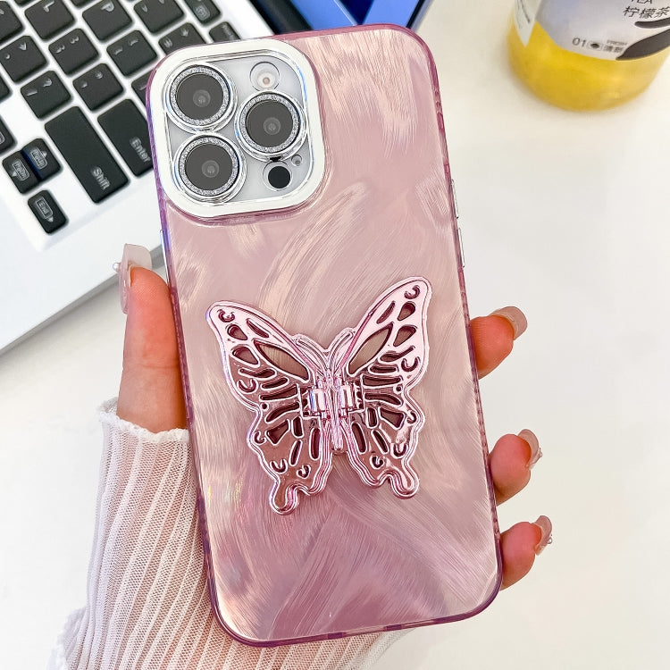 For iPhone 16 Pro Plating Glitter Texture Butterfly Holder TPU Phone Case with Lens Film(Pink Feather Yarn) - iPhone 16 Pro Cases by buy2fix | Online Shopping UK | buy2fix