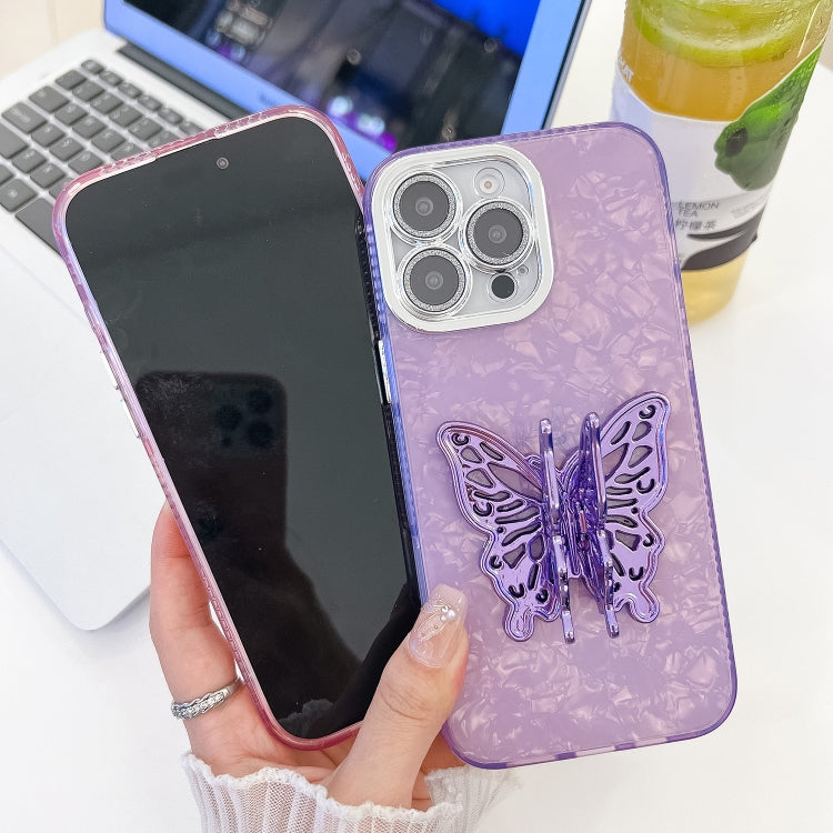 For iPhone 16 Plating Glitter Texture Butterfly Holder TPU Phone Case with Lens Film(White Feathers) - iPhone 16 Cases by buy2fix | Online Shopping UK | buy2fix