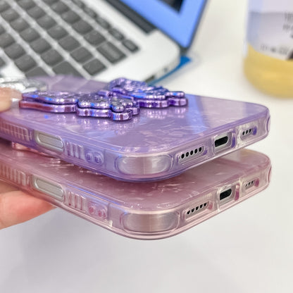 For iPhone 16 Plus Plating Glitter Texture Butterfly Holder TPU Phone Case with Lens Film(Purple Feather Yarn) - iPhone 16 Plus Cases by buy2fix | Online Shopping UK | buy2fix