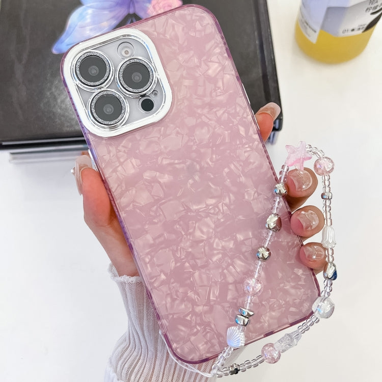 For iPhone 16 Plus Plating Glitter Texture Chain Wristband TPU Phone Case with Lens Film(Pink Shell Pattern) - iPhone 16 Plus Cases by buy2fix | Online Shopping UK | buy2fix