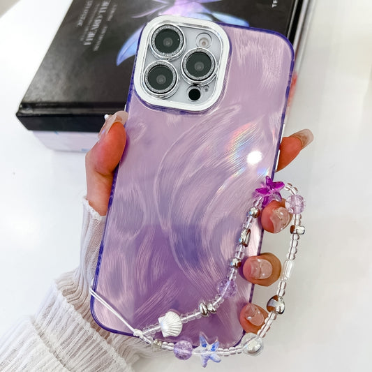 For iPhone 16 Plus Plating Glitter Texture Chain Wristband TPU Phone Case with Lens Film(Purple Feather Yarn) - iPhone 16 Plus Cases by buy2fix | Online Shopping UK | buy2fix