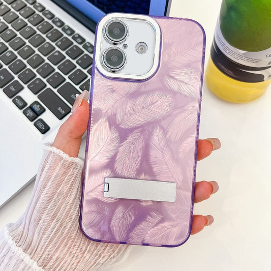 For iPhone 16 Plating Glitter Texture Fold Holder TPU Phone Case with Lens Film(Purple Feathers) - iPhone 16 Cases by buy2fix | Online Shopping UK | buy2fix