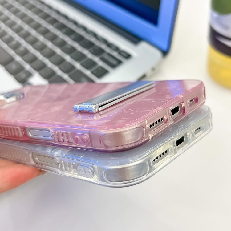 For iPhone 16 Pro Plating Glitter Texture Fold Holder TPU Phone Case with Lens Film(Purple Tinfoil Texture) - iPhone 16 Pro Cases by buy2fix | Online Shopping UK | buy2fix