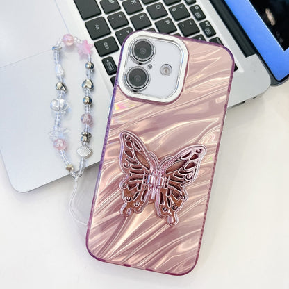 For iPhone 16 Plus Plating Glitter Lens Film Texture Butterfly Holder Wristband Phone Case(Pink Water Ripples) - iPhone 16 Plus Cases by buy2fix | Online Shopping UK | buy2fix