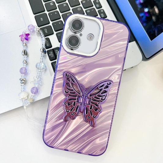 For iPhone 16 Plating Glitter Lens Film Texture Butterfly Holder Wristband Phone Case(Purple Water Ripples) - iPhone 16 Cases by buy2fix | Online Shopping UK | buy2fix