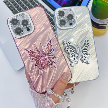 For iPhone 16 Pro Plating Glitter Lens Film Texture Butterfly Holder Wristband Phone Case(Purple Wrinkles) - iPhone 16 Pro Cases by buy2fix | Online Shopping UK | buy2fix