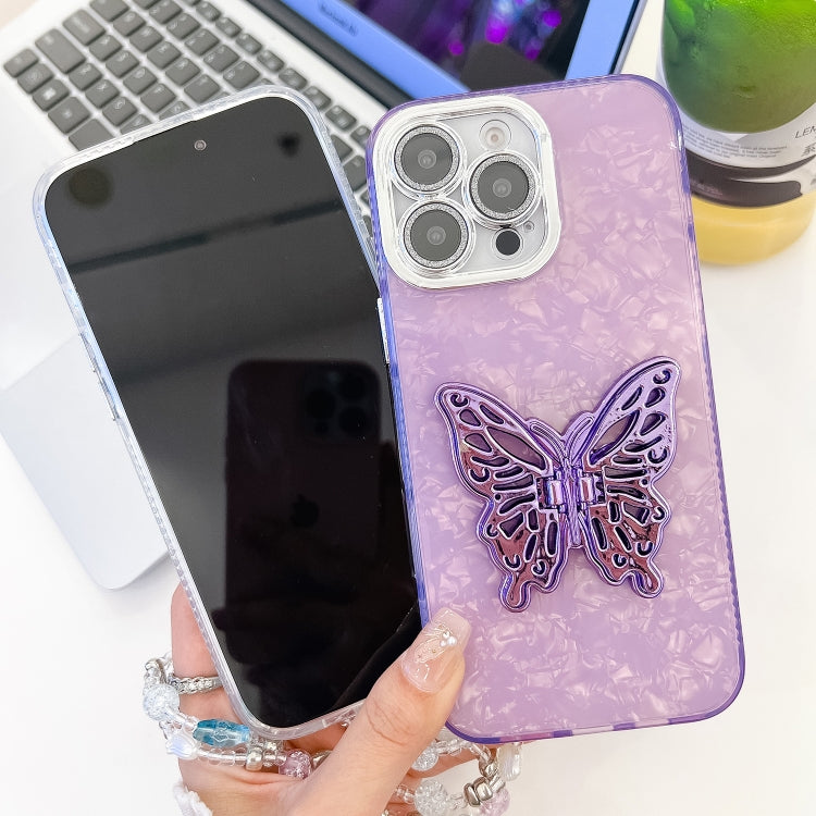 For iPhone 16 Pro Max Plating Glitter Lens Film Texture Butterfly Holder Wristband Phone Case(White Wrinkles) - iPhone 16 Pro Max Cases by buy2fix | Online Shopping UK | buy2fix