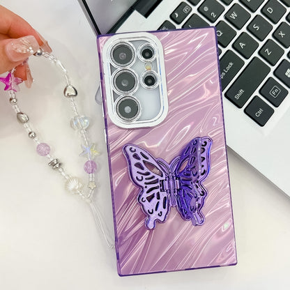 For Samsung Galaxy S25 5G Plating Glitter Lens Film Texture Butterfly Holder Wristband Phone Case(Purple Shell Pattern) - Galaxy S25 5G Cases by buy2fix | Online Shopping UK | buy2fix