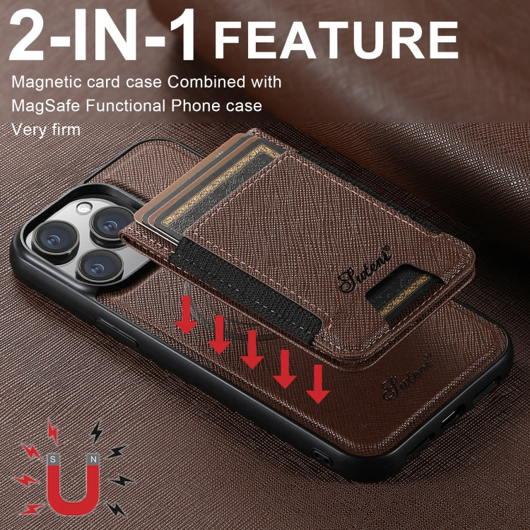 For iPhone 16 Pro Max Suteni H17 Cross Grain Leather MagSafe Detachable Wallet Phone Case(Brown) - iPhone 16 Pro Max Cases by Suteni | Online Shopping UK | buy2fix