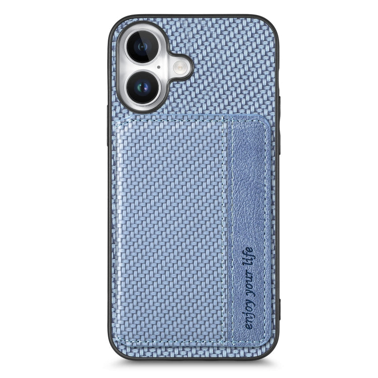 For iPhone 16 Plus Carbon Fiber Magnetic Card Wallet RFID Blocking Phone Case(Blue) - iPhone 16 Plus Cases by buy2fix | Online Shopping UK | buy2fix