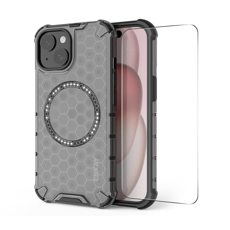 For iPhone 15 ENKAY Hat-Prince Honeycomb MagSafe Shockproof Phone Case with Large Arc Edge Film(Grey) - iPhone 15 Cases by ENKAY | Online Shopping UK | buy2fix