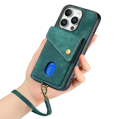 For iPhone 16 Pro Retro Card Wallet Fold Leather Phone Case with Strap(Green) - iPhone 16 Pro Cases by buy2fix | Online Shopping UK | buy2fix