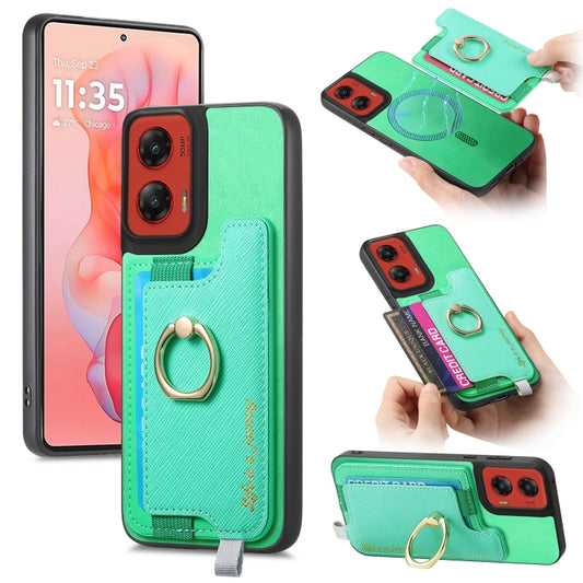 For Motorola Moto G Stylus 5G 2024 Retro Magsafe Cross Leather Ring Holder Card Bag Phone Case(Green) - Motorola Cases by buy2fix | Online Shopping UK | buy2fix