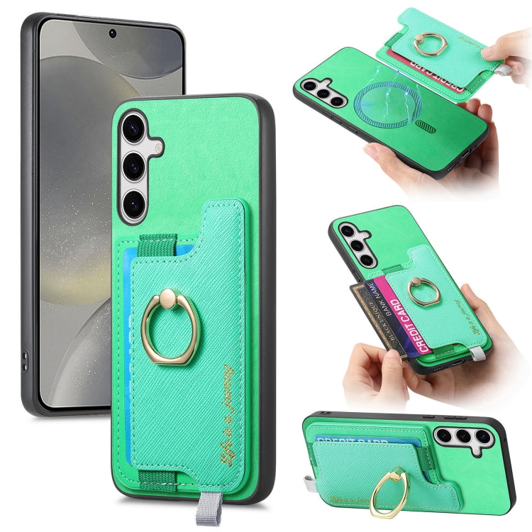 For Samsung Galaxy S25+ 5G Retro Cross Leather Ring Horizontal Insert Card Bag MagSafe Phone Case(Green) - Galaxy S25+ 5G Cases by buy2fix | Online Shopping UK | buy2fix