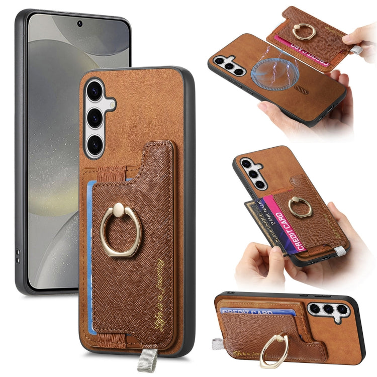 For Samsung Galaxy S25 Ultra 5G Retro Cross Leather Ring Horizontal Insert Card Bag MagSafe Phone Case(Brown) - Galaxy S25 Ultra 5G Cases by buy2fix | Online Shopping UK | buy2fix