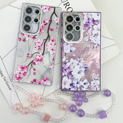 For Samsung Galaxy S25 5G Electroplating Flowers Plants Texture Wristband TPU Phone Case(Peach Blossom FL18) - Galaxy S25 5G Cases by buy2fix | Online Shopping UK | buy2fix