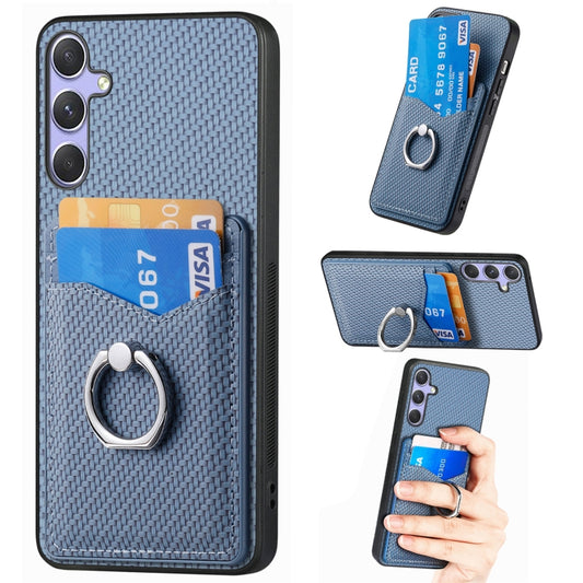 For Samsung Galaxy S25 Ultra 5G Carbon Fiber Card Wallet Ring Phone Case(Blue) - Galaxy S25 Ultra 5G Cases by buy2fix | Online Shopping UK | buy2fix