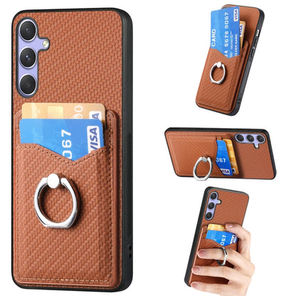 For Samsung Galaxy S25 Ultra 5G Carbon Fiber Card Wallet Ring Phone Case(Brown) - Galaxy S25 Ultra 5G Cases by buy2fix | Online Shopping UK | buy2fix