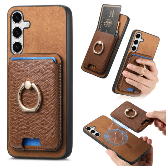 For Samsung Galaxy S25 5G Retro Cross Leather Ring Vertical Insert Card Bag MagSafe Phone Case(Brown) - Galaxy S25 5G Cases by buy2fix | Online Shopping UK | buy2fix