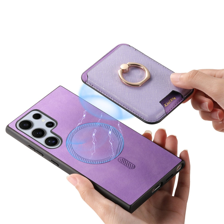 For Samsung Galaxy S25 Ultra 5G Retro Cross Leather Ring Vertical Insert Card Bag MagSafe Phone Case(Purple) - Galaxy S25 Ultra 5G Cases by buy2fix | Online Shopping UK | buy2fix