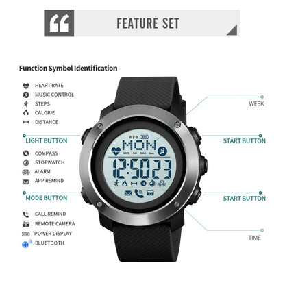 SKMEI 1511 Simple Bluetooth Men Smart Waterproof Compass Adult Smart Watch(Rubber Shell Army Green) - Sport Watches by SKMEI | Online Shopping UK | buy2fix