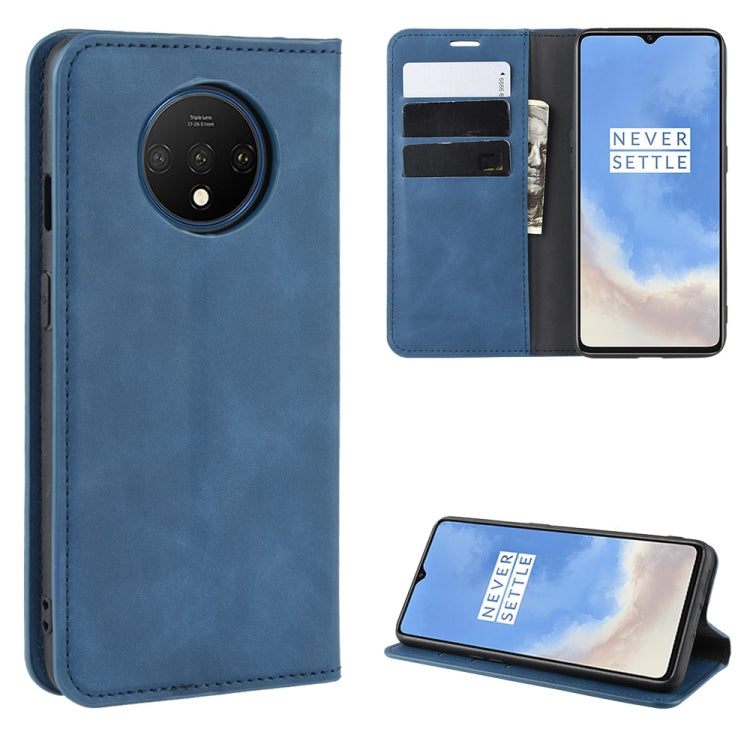 For OnePlus 7T Retro-skin Business Magnetic Suction Leather Case with Purse-Bracket-Chuck(Dark Blue) - OnePlus Cases by buy2fix | Online Shopping UK | buy2fix