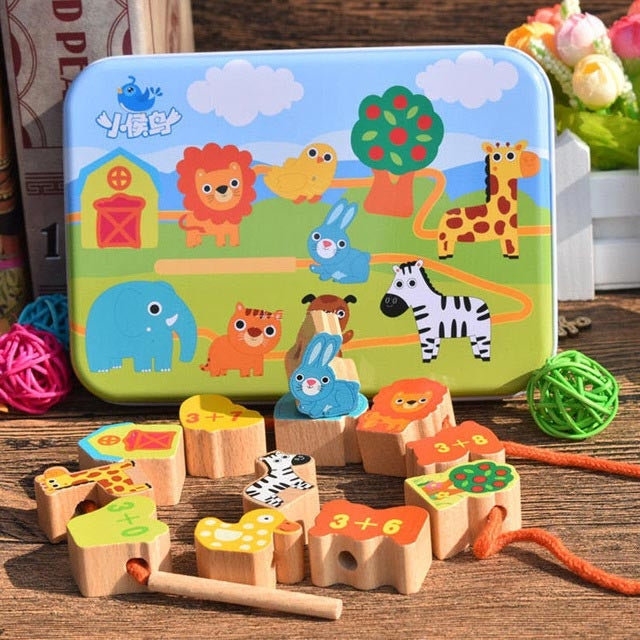 Wooden Toys Baby DIY Toy Cartoon Fruit Animal Stringing Threading Wooden Beads Toy(Animal) - Early Education Toys by buy2fix | Online Shopping UK | buy2fix