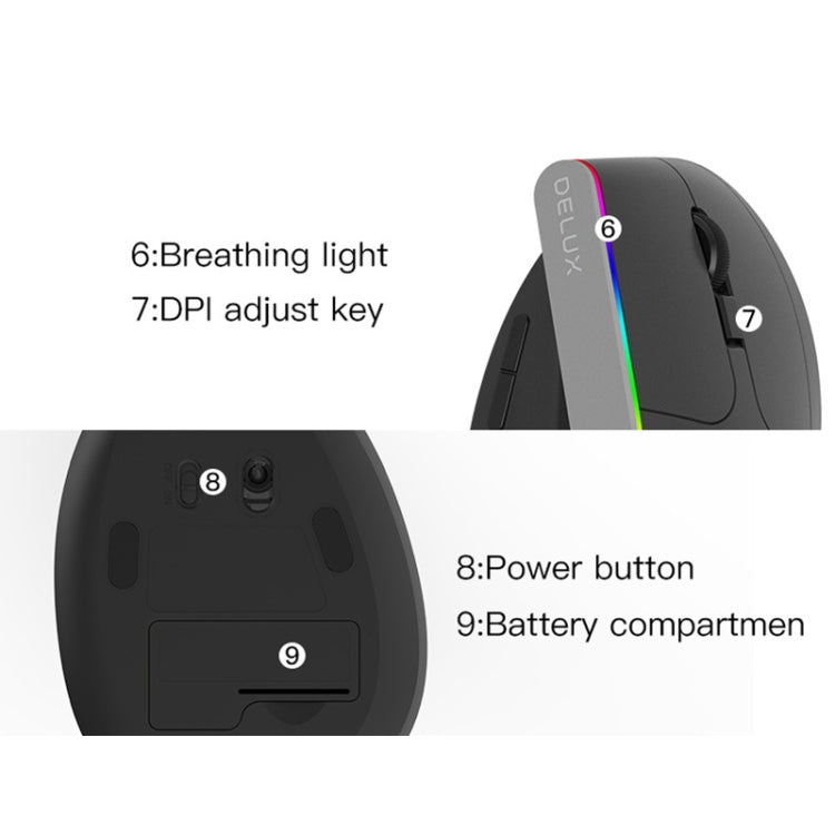 DELUX M618DB 6-Keys 1600 DPI RGB Vertical Wireless Bluetooth Dual-Mode Mouse(Lithium Bluetooth Version) - Wireless Mice by DELUX | Online Shopping UK | buy2fix