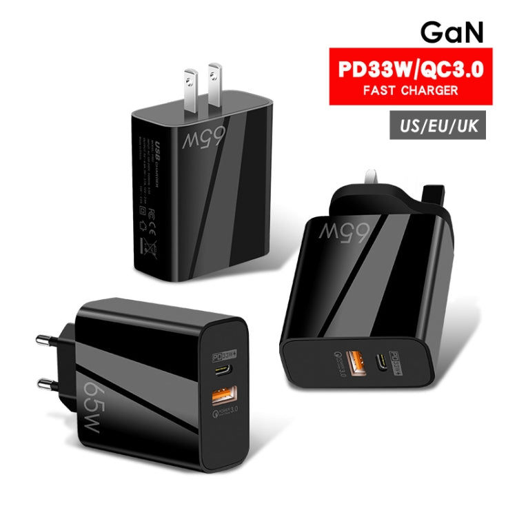 A502 65W USB-C/Type-C+USB Dual Port GaN Charger QC3.0 Laptop Universal Charger UK Plug Black - USB Charger by buy2fix | Online Shopping UK | buy2fix