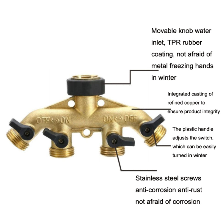 Garden Watering Agricultural Irrigation Family Car Wash Faucet Copper 4-way Ball Valve Water Divider(European Thread) - Watering & Irrigation by buy2fix | Online Shopping UK | buy2fix