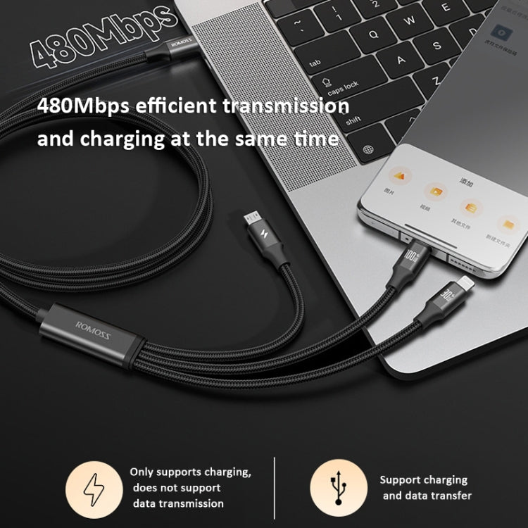 ROMOSS PD100W 3-In-1 Data Cable Type-C/USB-C To 8 Pin & Type-C & Micro Fast Charging Line 1.5m(Black) - Multifunction Cable by ROMOSS | Online Shopping UK | buy2fix