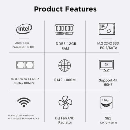 N100/DDR5 12th AlderLake-N100 Dual 4K60Hz Office And Home Mini PC, Spec: 12G+256G /EU Plug - Windows Mini PCs by buy2fix | Online Shopping UK | buy2fix