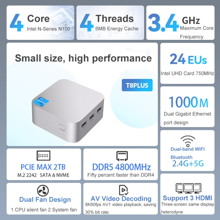 T8Plus Alder Lake-N100 4K Dual Band WIFI Bluetooth Office Game Portable Mini PC, Spec: 8G 512G US Plug - Windows Mini PCs by buy2fix | Online Shopping UK | buy2fix