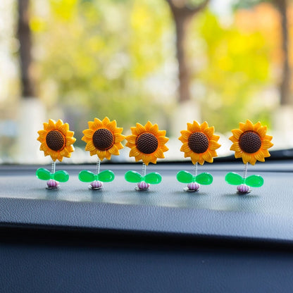 5pcs /Set Cute Sunflower Car Ornament Car Center Console Shaking Flowers Decoration, Style: A Model Green Leaves - Ornaments by buy2fix | Online Shopping UK | buy2fix