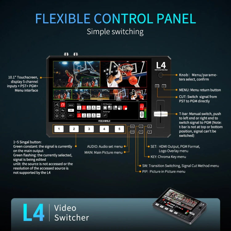 FEELWORLD L4 Multi-Camera Video Mixer Switcher 10.1" Touch Screen USB 3.0 Fast Streaming(EU Plug) - On-camera Monitors by FEELWORLD | Online Shopping UK | buy2fix