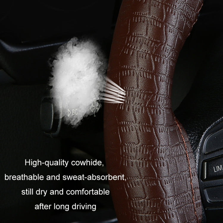 38cm Four-season Embossed Cowhide Hand-sewn Steering Wheel Cover(Coffee) - Steering Wheel Accessories by buy2fix | Online Shopping UK | buy2fix