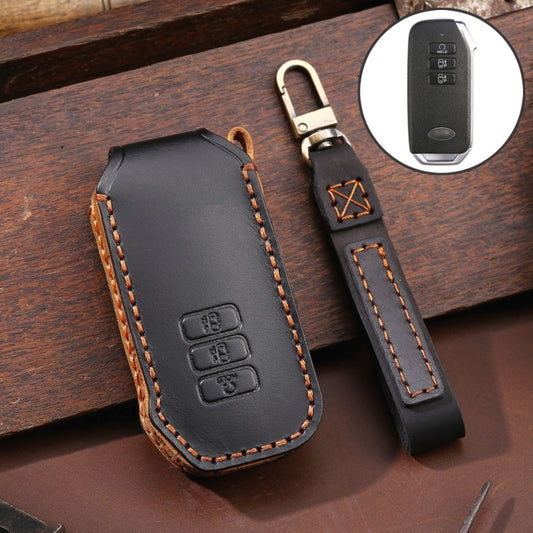 For Kia 3-button Hallmo Car Cowhide Leather Key Protective Cover Key Case(Black) - In Car by Hallmo | Online Shopping UK | buy2fix