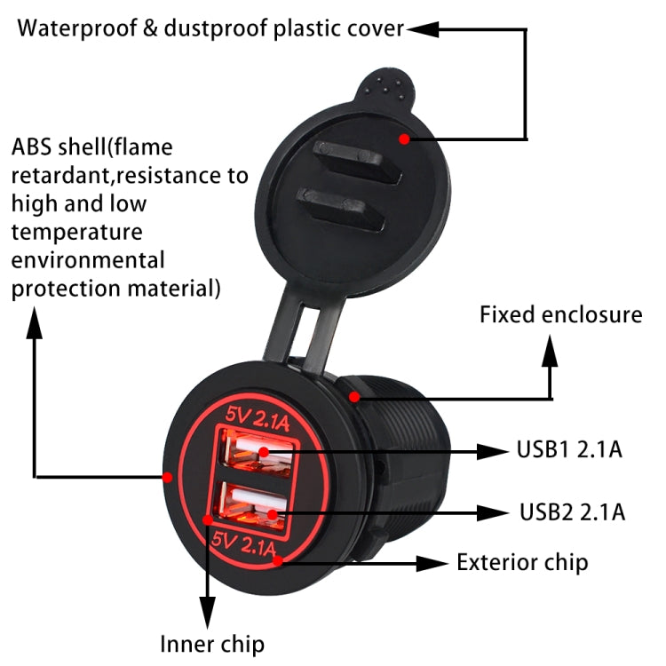 Universal Car Charger 2 Port Power Socket Power Dual USB Charger 5V 4.2A IP66 with Aperture (Red Light) - In Car by buy2fix | Online Shopping UK | buy2fix