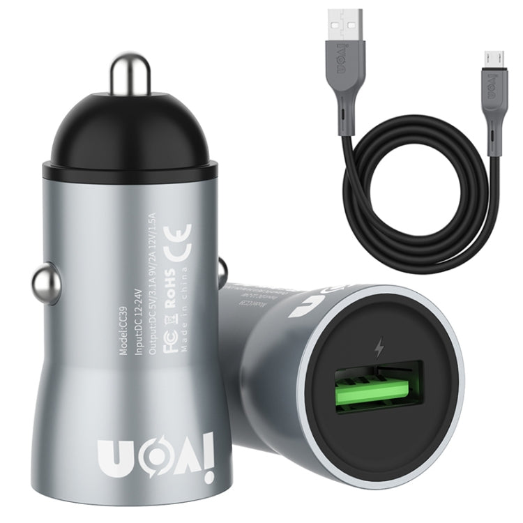 IVON CC39 18W 3.1A QC 3.0 USB Car Charger + 1m USB to Micro USB Fast Charge Data Cable Set - Car Charger by IVON | Online Shopping UK | buy2fix