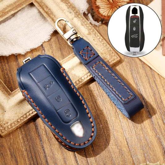 Hallmo Car Cowhide Leather Key Protective Cover Key Case for Porsche Macan 718 2021 A Style(Blue) -  by Hallmo | Online Shopping UK | buy2fix