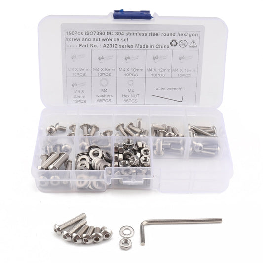 190 PCS 304 Stainless Steel Screws and Nuts M4 Hex Socket Head Cap Screws Gasket Wrench Assortment Set Kit - In Car by buy2fix | Online Shopping UK | buy2fix