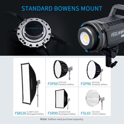 FEELWORLD FL225D 225W Daylight Point Source Video Light, Bluetooth APP Control (UK Plug) - Shoe Mount Flashes by FEELWORLD | Online Shopping UK | buy2fix